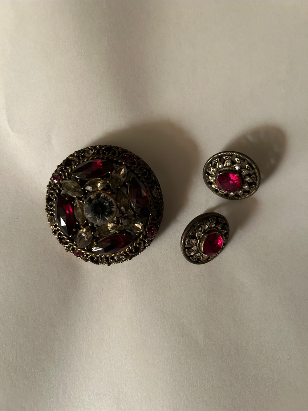 Vintage-Inspired Gold Tone Brooch and Earrings Set with Ruby Red Stones